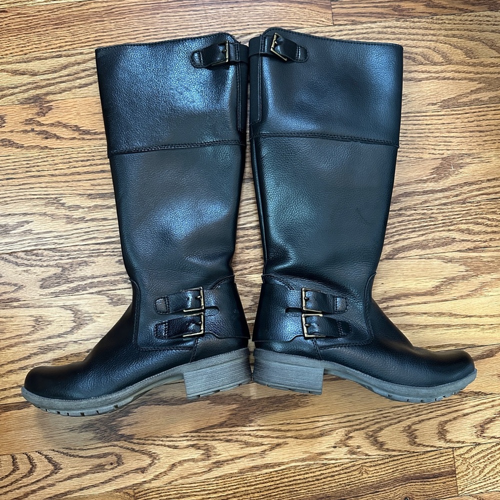 Knee High Clarks Black Leather Buckle Heeled Boots